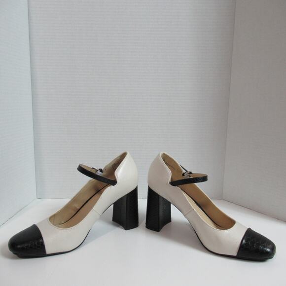 Adrienne Vittadini Heels Womens Size 7.5 Cream Black Toe Pierce Chunky Classy - Picture 7 of 13